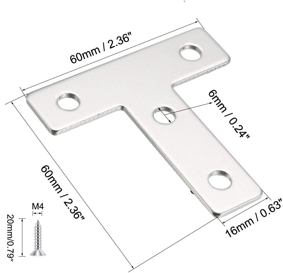 10Pcs T Shape Flat Mending Plates 60mmx60mm (2.36" x 2.36") T Corner Braces T Bracket Connector Fixing Repair Plates for Furniture with 40Pcs Screws , Silver (60x60mm(2.36"x2.36")) - size: 60x60mm(2.36"x2.36")