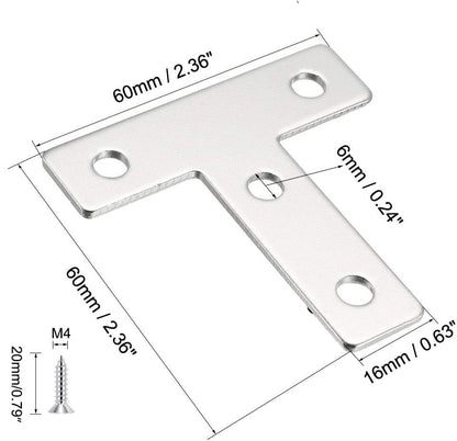10Pcs T Shape Flat Mending Plates 60mmx60mm (2.36" x 2.36") T Corner Braces T Bracket Connector Fixing Repair Plates for Furniture with 40Pcs Screws , Silver (60x60mm(2.36"x2.36")) - size: 60x60mm(2.36"x2.36")