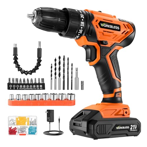 WORKBLESS Cordless Drill, Power Drill Set with 1 Battery and Charger, 40Nm, 20+1 Torque, 2 Speed, Keyless 3/8" Electric Screwdriver with LED Light, 28pcs Drill Bits Set(Orange) - color: Orange