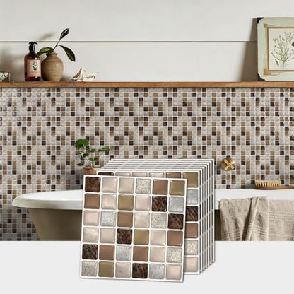 URCOLOR 20 Sheets 3D Self-Adhesive Mosaic Backsplash Tile Peel and Stick - color: Beige Brown