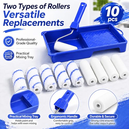 Paint Roller Small Set with Paint Tray and Paint Roller Hanger, 10 Pieces, 10 cm, Two Materials Paint Roller Used with Smooth Walls Plasterboard Ceilings Wallpaper