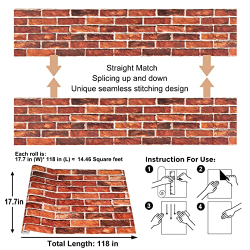 Abyssaly Brick Wallpaper Peel and Stick Red Bricks Wrapping Paper - color: Red, size: 17.7" x 787.4"