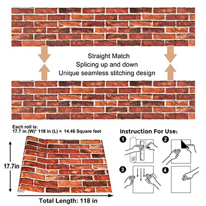 Abyssaly Brick Wallpaper Peel and Stick Red Bricks Wrapping Paper - color: Red, size: 17.7" x 787.4"