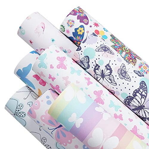 8 Pieces 8x12 Inch(21x30cm) Butterfly Pattern Printed Faux Leather Fabric Sheets Cotton Back for Leather Bows and Earrings Making, Each Pattern One Sheet, in Total 8 Sheets - color: Butterfly Pattern