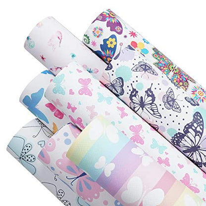 8 Pieces 8x12 Inch(21x30cm) Butterfly Pattern Printed Faux Leather Fabric Sheets Cotton Back for Leather Bows and Earrings Making, Each Pattern One Sheet, in Total 8 Sheets - color: Butterfly Pattern
