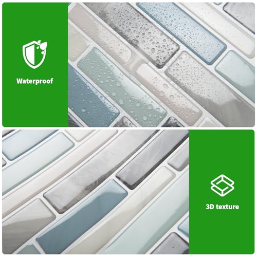 LONGKING Self-Adhesive Kitchen Backsplash, Marble Look Decorative Tiles (10 Tiles) - color: Blue