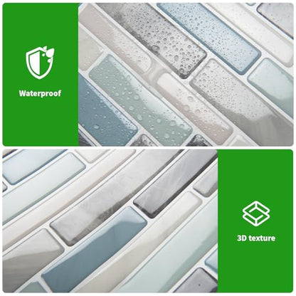 LONGKING Self-Adhesive Kitchen Backsplash, Marble Look Decorative Tiles (10 Tiles) - color: Blue