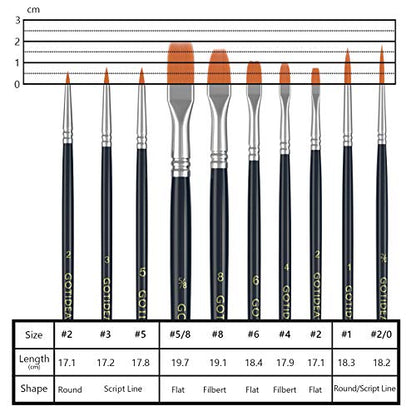 GOTIDEAL Paint Brushes, Acrylic Paint Brushes, 10 Pcs Round Pointed Tip