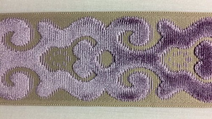 3.5" Woven Trim Tape with Velvet Embroidery H-1109/4 Cream, Navy Blue & French Blue Sold By The Yard Upholstery/Drapery