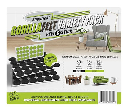 Slipstick Gorilla Felt 1 Inch Furniture Pads (88 Piece Combo) Premium Furniture Pads & Chair Leg Floor Protectors for Hardwood Floors & Hard Surfaces - size: 1 Inch 88 Piece Combo Pack