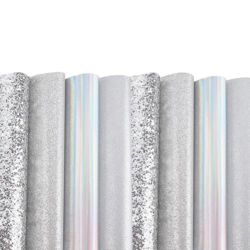 8PCS 4 Styles 12.99 x 7.87 Inch Silver Series Sparkle Glitter PU Leather Sheet Sparkly Shiny Leather Rolls Superfine Solid Colored Leatherette Fabric for DIY Crafts Sewing Earrings Wallet - color: Silver