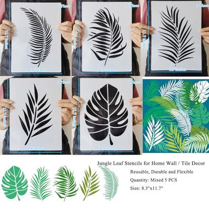 Tropical Leaf Stencils for Wall & Crafts Painting, 5 PCS, 8.3x11.7 Inch - size: Jungle Leaf - 5 PCS - 8.3 x 11.7 in