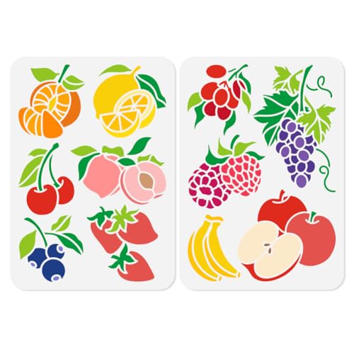 2pcs 11.69"x8.27" Fruit Wall Stencil Templates, Orange Peach Cherry Reusable Plastic Stencil for Painting on Wood Floor Tile Fabric Glass Furniture, Lemon Grape DIY Home Decor Template - style: Fruit