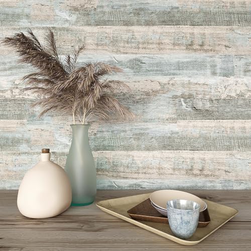 VEELIKE Large Size Light Blue Weathered Wood Plank Wallpaper Peel and Stick Rustic Wood Contact Paper for Countertops Walls Floors 32''x118'' Waterproof Removable Wood Wallpaper Vinyl for Furniture - size: 32" x 118"