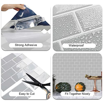 Alwayspon 10 Sheets 3D Thickened Peel and Stick Vinyl Backsplash Tiles, 12"x6" Self-Adhesive Wallpaper Wall Tile Stickers Stick on Subway Tiles for Kitchen Bathroom, Grey 055 - color: T80055s