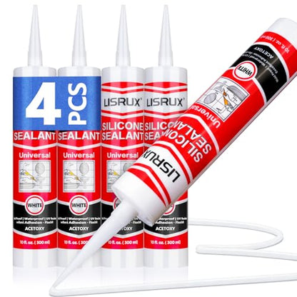 LISRUX Supreme Silicone Caulk for Kitchen & Bathroom, White, 10 fl oz Cartridge, 4 Pack - 100% Waterproof Silicone Sealant, Stronger Adhesion, Shrink & Crack Proof - size: 4P