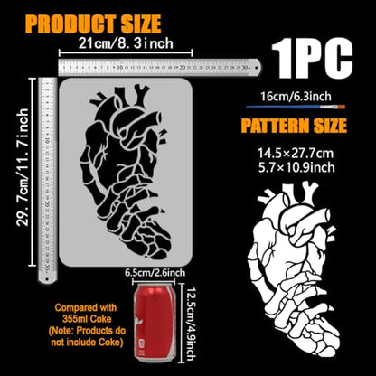 FINGERINSPIRE Hand Skeleton Painting Stencil with 1Pc Plastic Paint Brush 8.3x11.7 inch Plastic Skeleton Hand with Heart Pattern Stencil Reusable Skeleton Hand Stencil for DIY Projects and Crafts - color: Skeleton Hand with Heart