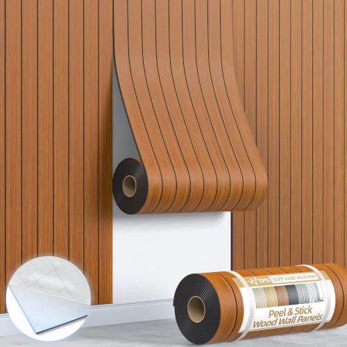 Peel and Stick Wood Slat Wall Panel 3D PVC Faux Walnut Wood Grain Wallpaper - color: Cherry Walnut, size: 15.8" x 236"