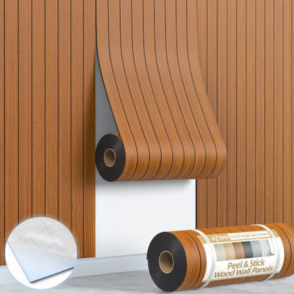 Peel and Stick Wood Slat Wall Panel 3D PVC Faux Walnut Wood Grain Wallpaper - color: Cherry Walnut, size: 15.8" x 236"