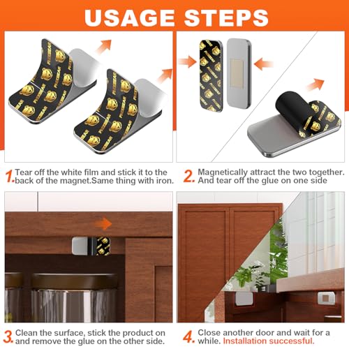 Phixbear 6 Pairs Ultra Thin No Drill Magnetic Cabinet Door Catch with Strong Adhesive, Stainless Steel Cabinet Catches for Kitchen, Bathroom, Closet, RV Doors