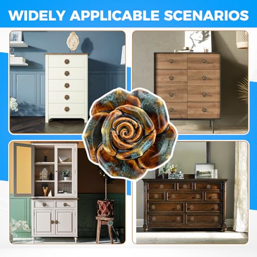 Yetaha 6 Pack Blue Retro Floral Ceramic Knobs Single Hole with Screws - color: Blue