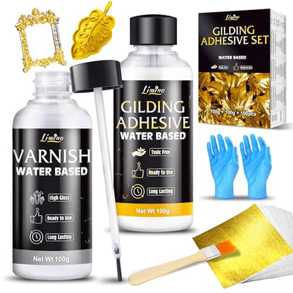 Gold Leaf Gilding Adhesive Kit - 3.5oz Water Based Glue and 3.5oz Varnish with Brush, Gold Foil Sheets 100 pcs, Gilding Adhesive Set for Foil Arts, Crafts, Painting, Furniture and Decoration
