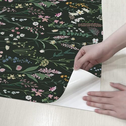JiffDiff Dark Green Botanical Floral Peel and Stick Wallpaper 17.3" x 1181" - color: Dark Green, size: 17.3" x 1181"