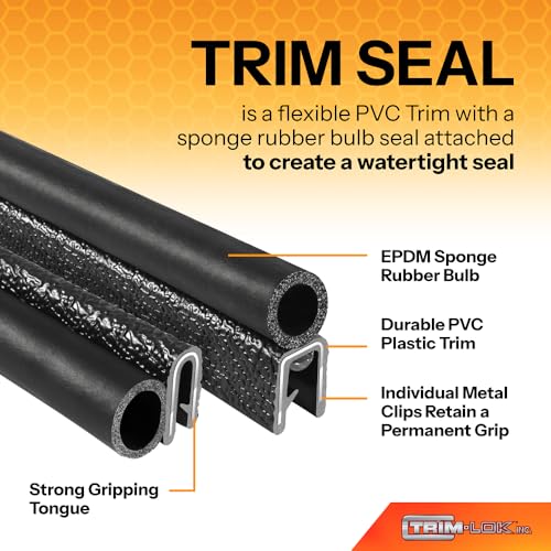 TRIM-LOK Trim Seal, Edge Trim with Side Bulb, Fits 0.750-Inch Bulb, 1/4-Inch Edge, 25-Foot Length, Black Pebble Finish, Flexible PVC Plastic Trim with EPDM Rubber Weather Stripping - style: 0.750" Bulb, 1/4" Edge, 1/2" Leg, 25 Feet
