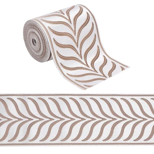 OLYCRAFT 5.5 Yards/5M Jacquard Ribbon Trim 3.4 Inch Leaf Striped Jacquard Polyester Ribbons Camel Leaf Jacquard Woven Embroidery Trim for DIY Sewing Crafts Handmade Bag Belts Clothing Decoration - color: Camel
