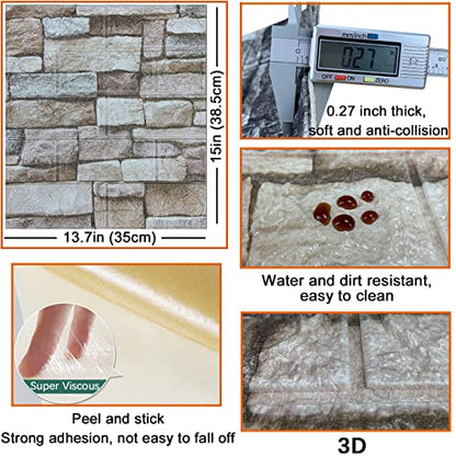 10PCS 3D Wall Panels Peel and Stick 3D Brick Wallpaper Peel and Stick Faux Stone Wall Panel Foam Brick Self-Adhesive Wallpaper (Rock,10pcs) - color: Rock, size: 10PCS