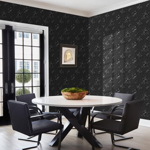17.3"x590.5" Black Peel and Stick Wallpaper Modern Floral Contact Paper - color: Black, size: 17.3" x 590.5"