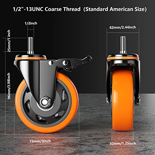 3 Inch Caster Wheels 1/2"-13x1 Threaded Stem Casters Set of 4 Heavy Duty - color: Orange, size: 3in(1/2"-13)