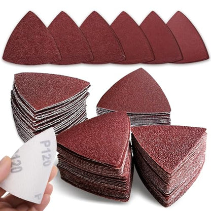 100pcsTriangle Sanding Paper Set, 60-240 Grit, Fits 3-1/8" Oscillating Tools - Aluminum Oxide Hooks & Loop for Wood, Metal, Drywall - size: 100 pcs Triangle Sanding Pads 3-1/8 Inch