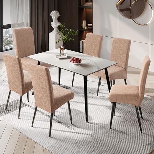 Waterproof Dining Room Chair Covers, Stretch Parsons Chair Slipcovers - color: Flower Pattern-khaki, size: Large-4 Pack