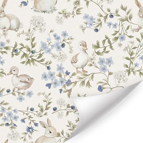 HLNIUC Boho Bunny Duck Peel and Stick Wallpaper 17”x118”Rabbit Floral Self Adhesive Contact Paper Easter Botanical Wallpaper Wildflower and Plant Leaf Art Paper Woodland Nursery Wall Mural for Bedroom - color: Bunny and Duck