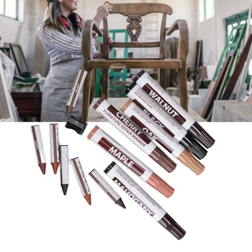 Repair Touch Up Kit,13Pcs Wood Scratch Restoration Set with 6 Touch Up Markers 6 Repair Crayons and Sharpener for Wooden Floors Doors and Furniture