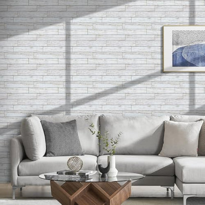 COMSTICKC 3D Faux Wood Wall Sticker Shiplap Peel and Stick, Not Real Wood - color: Gray-White