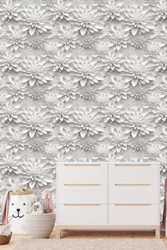 Peel and Stick Wallpaper White Gray Lotus Floral Feature - color: White& Gray, size: 17.7" x 393.7"