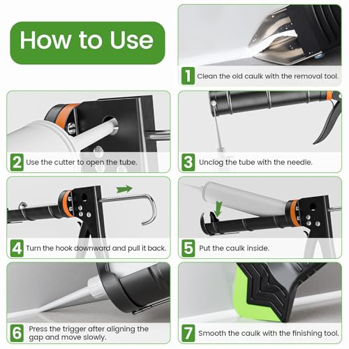 Professional Caulk Gun Kit with Caulk Remover Tool & Putty Knife - 5 in 1 Caulking Tool Set for Caulking Removal, Shower & Bathroom Caulk, Includes Caulking Gun Tool, Caulk Scraper Tool Spackle Knife