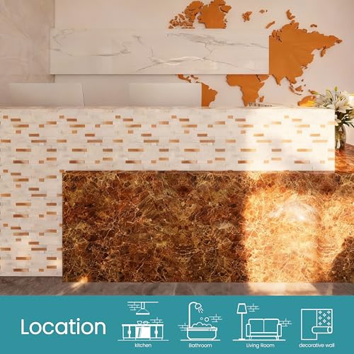 Nicesungdeco 3D Natural Real Stone Peel and Stick Mosaic Backsplash Tiles, 12" x 12" 5-Sheet Backsplash Self Adhesive Tiles for Kitchen Fireplace Vanity (White Gold) - color: WHITE GOLD