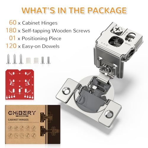 Chibery 60 Pack 1-1/2” Overlay 4D Soft Close Cabinet Hinges, Concealed Face Frame, Adjustable Closing Speed, 105° Opening Smooth Slow, Hidden Self Closing for Kitchen Corner, Cupboard (with Template) - size: 1-1/2” Overlay