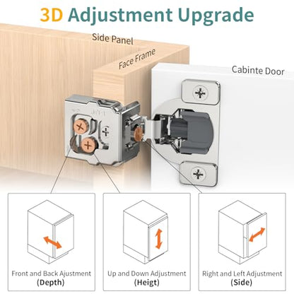 10 Pack 1 1/4" Overlay 3D Soft Close Hinges for Face Frame Kitchen Cabinet, 3 Way Adjust, Self Closing Concealed Cabinet Hinges-105 Degree