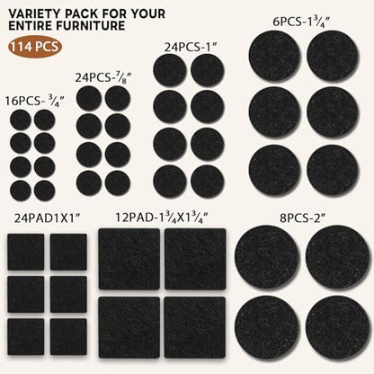 Felt Furniture Pads 114 PCS, 7 Sizes, Felt Pads for Chair Legs, Suitable for Round and Square Chair Legs, to Prevent Scratches, Reduce Noise and Protect The Floor (Black)