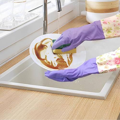 KINGFINGER Cleaning Glove, 3 Pairs Kitchen Glove for Washing Dishes, Latex Free Reusable Elbow Length Household Gloves - size: Medium