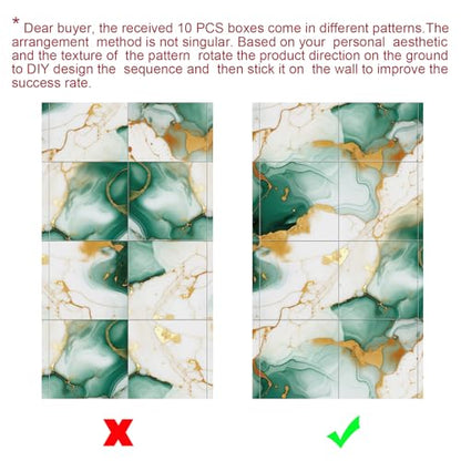 Chejiaye 10pcs Marble Peel and Stick Backsplash Waterproof Washroom Wall Panels, Peel and Stick Tile, PVC Foam Wall Panels for Kitchen,Bathroom,Living Room,Green and Gold(Not Real Tile,11.8" x 11.8") - color: Green and Gold, size: 11.8" x 11.8" x 10Pack