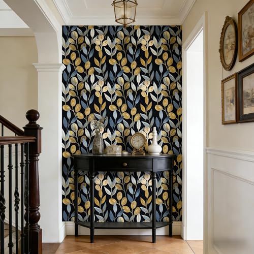 Black and Gold Leaf Peel and Stick Wallpaper 17.7" x 70.8" - color: Blue/gold/Black, size: 17.7" x 70.8"