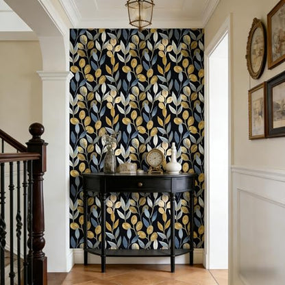 Black and Gold Leaf Peel and Stick Wallpaper 17.7" x 70.8" - color: Blue/gold/Black, size: 17.7" x 70.8"