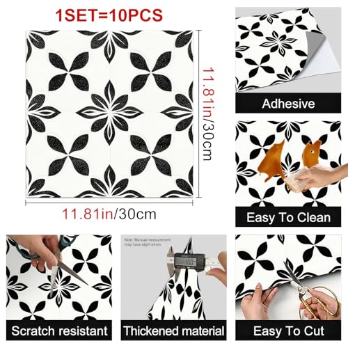 HOMETITUTE Modern Black White Petal Peel Stick Floor 12x12 Vinyl - color: Black#7