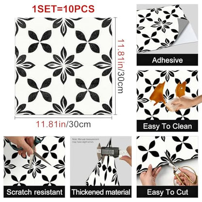 HOMETITUTE Modern Black White Petal Peel Stick Floor 12x12 Vinyl - color: Black#7