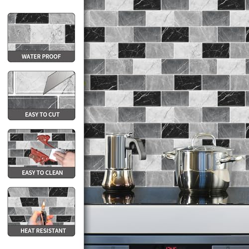 10 Sheets Peel and Stick Backsplash for Kitchen 12"X12" Renter Friendly Backsplash Back Splash Adhesive Subway Wall Tile Flat Vinyl Sticker for Bathroom Grey Marble (Not 3D Tile)